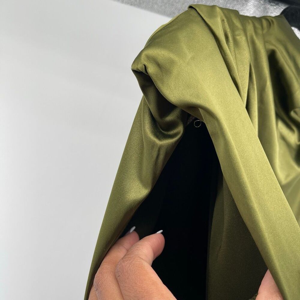 Olive Satin Draped Ruched Mini Dress XL Cowl Neck Cocktail Wedding Guest - Picture 5 of 15